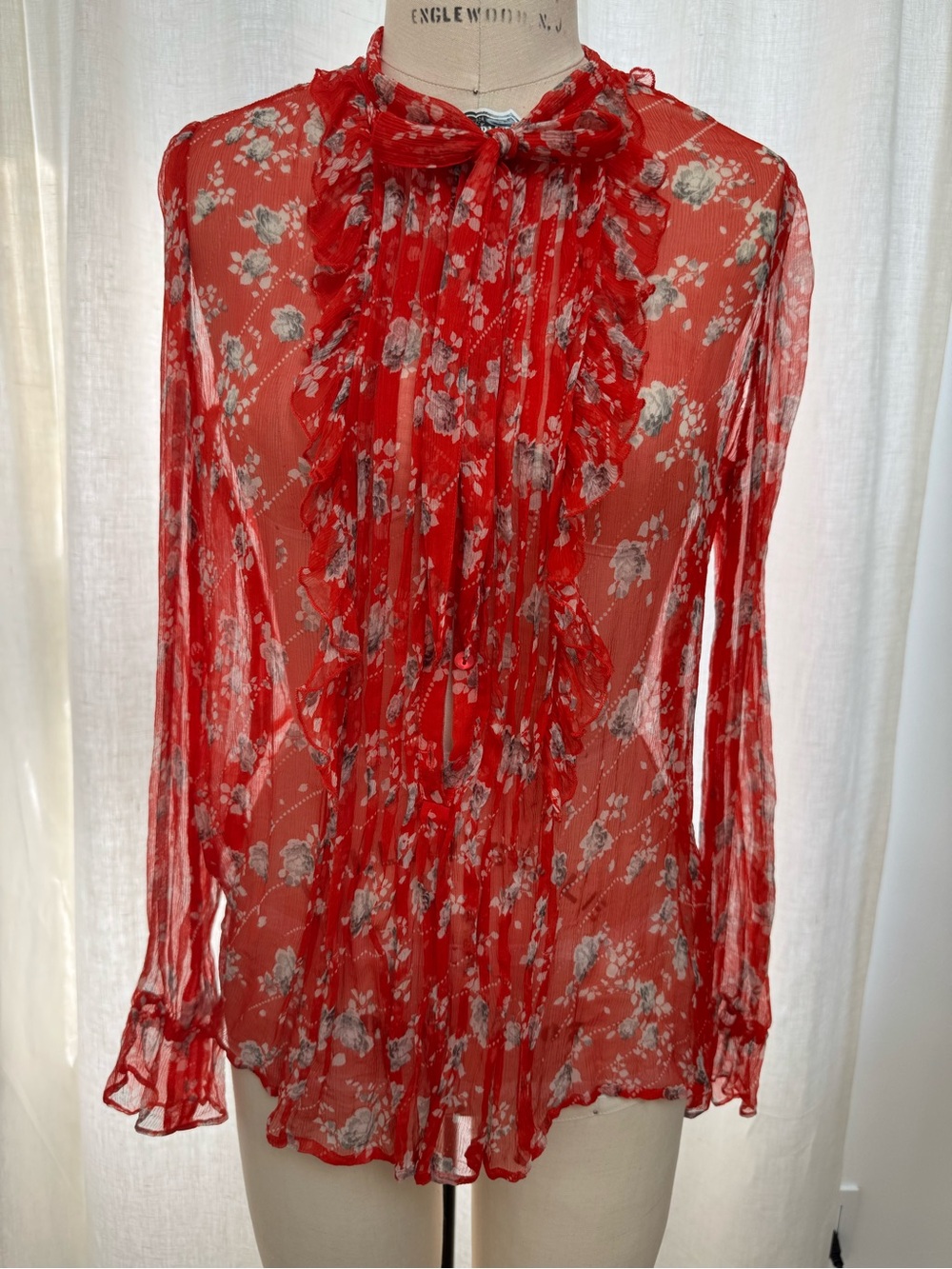 The Kooples Red Sheer Floral Ruffle Tie-Neck Blouse